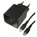 Зарядное устройство Hoco CS83A, 1 USB 18W, Type-C PD 20W, с дисплеем + кабель Type-C Lightning, чёрное