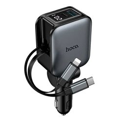 Автомобильное зарядное устройство Hoco Z67A, USB, Type-C PD 60W, с дисплеем, metal gray, с кабелем Type-C - Lightning