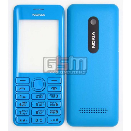 Корпус для Nokia 206 Asha, голубой, копия ААА, с клавиатурой