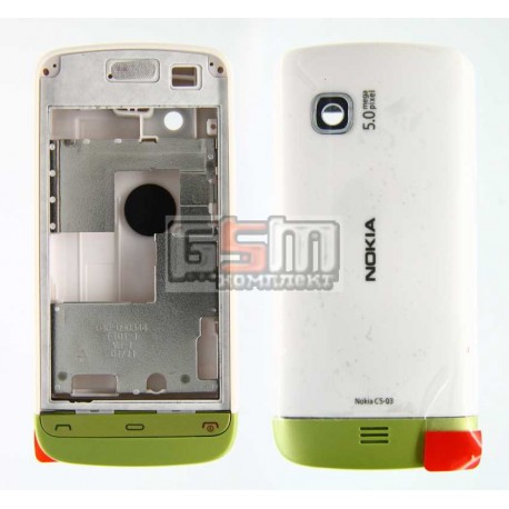 Корпус для Nokia C5-03, C5-06, белый, копия ААА, с зеленой накладкой