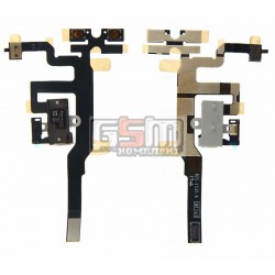 Шлейф для Apple iPhone 4S, белый, кнопок звука, коннектора наушников, с компонентами
