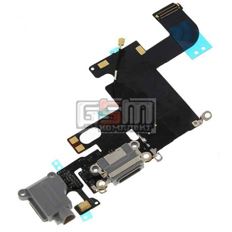Шлейф для Apple iPhone 6, черный, коннектора зарядки, коннектора наушников, с компонентами, с микрофоном