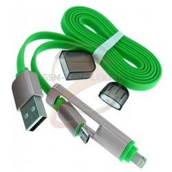 Кабель Micro-USB+Lightning - USB, 2 в1, универсальный, плоский,