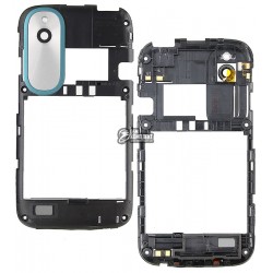 Рамка корпуса с защитным стеклом камеры для HTC T328e Desire X, с антеной, с синей накладкой, черная