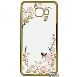 Чехол защитный Secret Garden Swarovski для Samsung Galaxy A710, A7 (2016), силиконовый, золотая рамка, розовый цветок