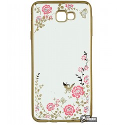 Чехол защитный Secret Garden Swarovski для Samsung J7 Prime Galaxy G610F, силиконовый, золотой рамка, розовый цветок