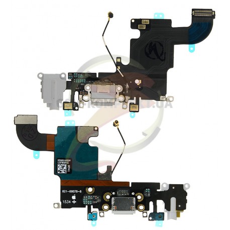 Шлейф для Apple iPhone 6S, серый, коннектора зарядки, коннектора наушников, с компонентами, с микрофоном