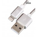 Кабель Lightning - USB, Hoco UPF01 MFI (Apple iOS authorized), для iPhone 5/6/7, круглий, 1 метр, в тканинної оплітці, срібло
