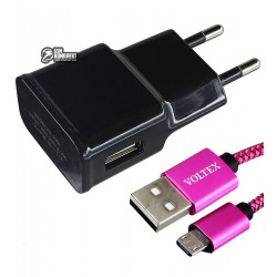 Сетевое зарядное устройство Voltex 2,1А, с MicroUSB кабелем в тканевой оплетке