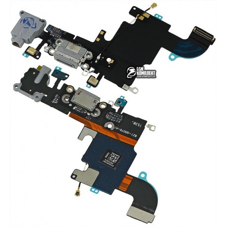 Шлейф для Apple iPhone 6S, черный, коннектора зарядки, коннектора наушников, с компонентами, с микрофоном