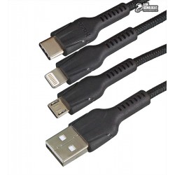 Кабель Lightning+Micro-USB+Type-C - USB, Hoco U31 Benay one pull three, черный