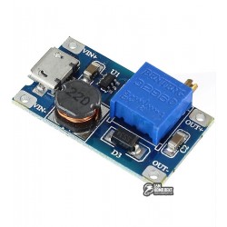 MT3608 с microUSB повышающий DC/DC преобразователь: Uin 2...24 В / Uout до 28 В / Iout до 2 А MT3608 с microUSB повышающий DC/DC преобразователь: Uin 2...24 В / Uout до 28 В / Iout до 2 А