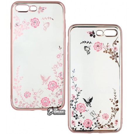 Чехол защитный Secret Garden Swarovski для iPhone 7 Plus / iPhone 8 Plus, силиконовый, розовая рамка, розовый цветок