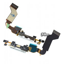 Шлейф для Apple iPhone 4S, белый, коннектора зарядки, микрофона, с компонентами