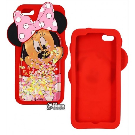 Чехол защитный для iPhone 5, силиконовый, с блестками в жидкости, Mickeu Mouse, красный