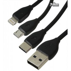 Кабель Micro-USB+Lightning+Type-C - USB, Remax Lesu 3in1 RC-050th, черный