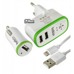 Зарядное устройство Belkin 3 в 1 (сетевое+автомобильное), 2USB, 3.1A, с Lightning кабелем, черное
