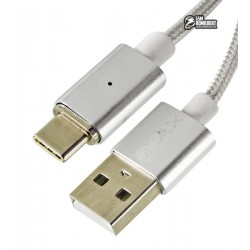 Кабель Type-C, Metal Magnetic, магнитный, 1 метр, 2A, в тканевой оплетке, серебро