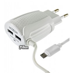 Сетевое зарядное устройство Moxom KH-51, 2.4A, 2USB, с кабелем microUSB, белое