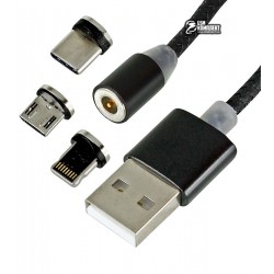 Кабель microUSB + Type-C + Lightning, , V8 360, Metal Magnetic, магнитный, 1 метр, черный