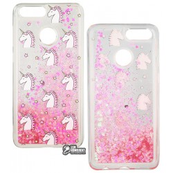 Чехол для Huawei Honor 7X, Lovely Stream, силиконовый с жидкостью, аквариум, white unicorns