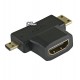 Переходник гнездо HDMI - штекер mini HDMI + штекер micro HDMI, gold