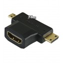 Перехідник гніздо HDMI - штекер mini HDMI + штекер micro HDMI, gold