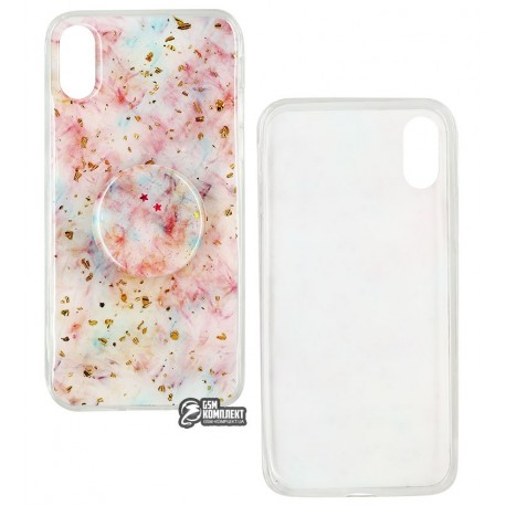 Чехол для iPhone X/Xs, Confetti mramor case with pop socket (попсокет не приклеен), силикон, розовый