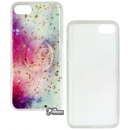 Чехол для iPhone 7/8, Confetti mramor case with pop socket (попсокет не приклеен), силикон, розовый/фиолетовый