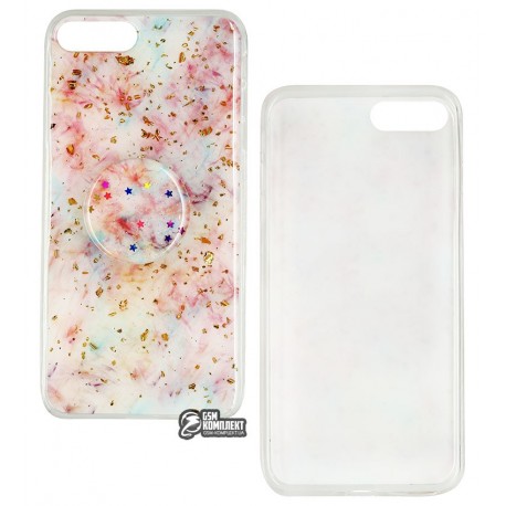 Чехол для iPhone 7 Plus/8 Plus, Confetti mramor case with pop socket (попсокет не приклеен), силикон, розовый