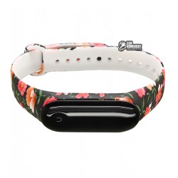 Ремешок для Xiaomi Mi Band 3 / Mi Band 4, с узором, черный ремешок, розовые цветы