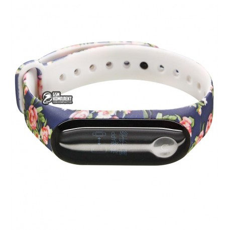 Ремешок для Xiaomi Mi Band 3 / Mi Band 4, с узором, синий ремешок, розовые цветы