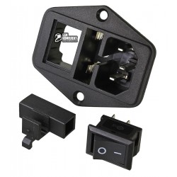 Штекер сетевой 3pin, монтажный, с клавишей и предохранителем, с ушами, корпус пластик