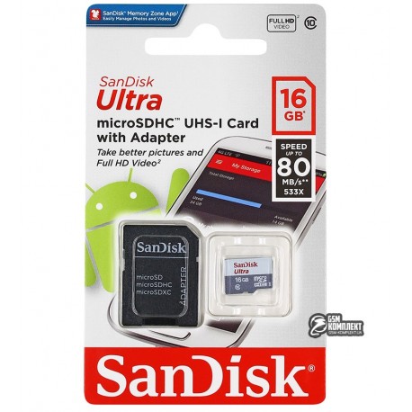 Карта памяти 16 GB microSD SanDisk Ultra UHS-I без адаптера (80Mb/s)