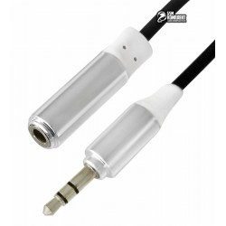 Кабель удлинитель звуковой, 3.5 мм стерео папа/3.5мм стерео мама (AUX), витой черный, штекер метал-silver, 2 м