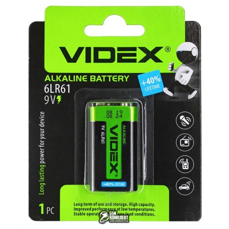 Батарейка Videx 6LR61, крона, 9V, 1 штука