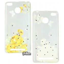 Чехол для Xiaomi Redmi 3s, рисунок цветы, со стразами, силиконовый, прозрачный