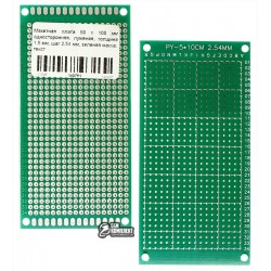 Макетная плата 50 x 100 мм односторонняя, луженая, толщина 1,5 мм, шаг 2,54 мм, зеленая маска, текстолит FR-4