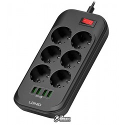 Подовжувач Ldnio SE6403 (EU, 2500W, 10A, довжина шнура: 2.0m, 6 port 4USB, 3.4A) / black & grey