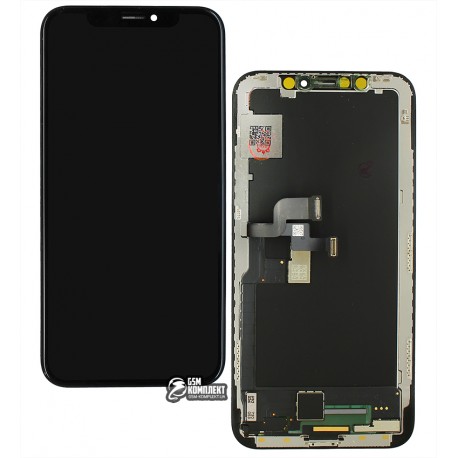 Дисплей iPhone X, чорний, з сенсорним екраном, з рамкою, (OLED), AAA, з пластиками камери і датчика наближення, GX OEM soft