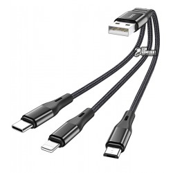 Кабель Micro-USB+Lightning+Type-C - USB, 3в1, Hoco X47 Rapid, до 2.1 Ампер, 0.25 м, короткий, черный