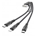 Кабель Micro-USB + Lightning + Type-C - USB, 3в1, Hoco X47 Rapid, до 2.1 Ампер, 0.25 м, короткий, чорний