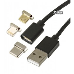 Кабель Micro-USB + Lightning + Type-C - USB, 3 в1, Metal Magnetic, магнітний, 1 метр, 2A, чорний