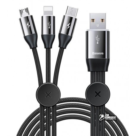 Кабель Micro-USB+Lightning+Type-C - USB, 3в1, Baseus Car Co-Sharing, 1 м, тканевый, черный