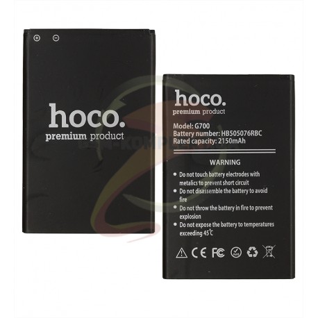Акумулятор Hoco HB505076RBC для Huawei Ascend G610-U20, Ascend G700-U10, Ascend Y600-U20 Dual Sim, Li-ion, 3,8В, 2100 мАг