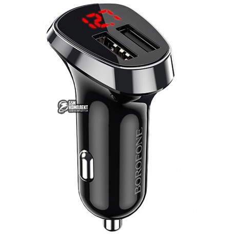 Автомобільний зарядний пристрій Borofone BZ15, з LED дисплеєм, USB MicroUsb кабель, (2USB, 2.4A), чорне