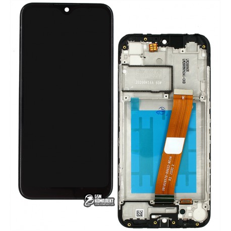 Дисплей для Samsung A015 Galaxy A01, чорний, з широким коннектором, з сенсорним екраном, з рамкою, оригінал (переклеєне скло)