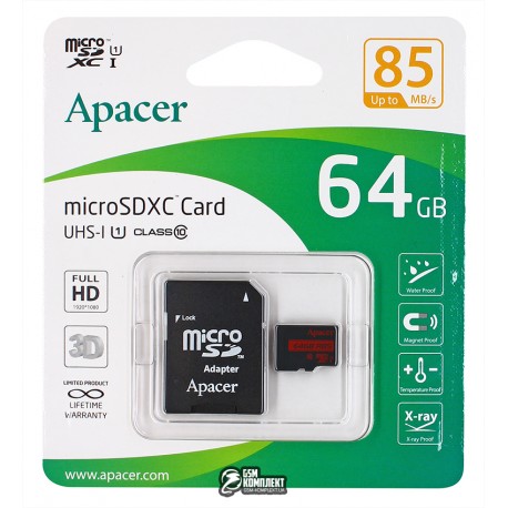 Карта пам'яті 64 GB microSDXC Apacer class 10 R85MB/s (AP64GMCSX10U5-R)