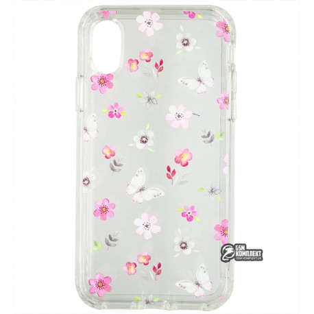 Чехол для Apple iPhone X, iPhoine Xs, Spring Flowers, прозрачный силикон, flowers and butterflies