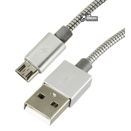 Кабель Micro-USB - USB, Remax silver Serpent RC-080m, 1 метр, 2,1А, в металевій оплетке